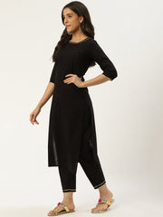 Women Black Three-Quarter Sleeves Straight Kurta and Trouser Pant set