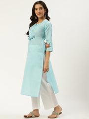 Women Light Blue Calf Length Three-Quarter Sleeves Straight Solid Cotton Kurta