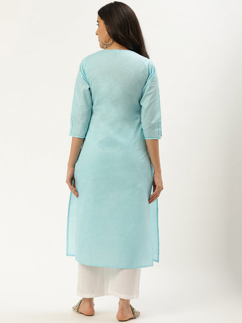 Women Light Blue Calf Length Three-Quarter Sleeves Straight Solid Cotton Kurta