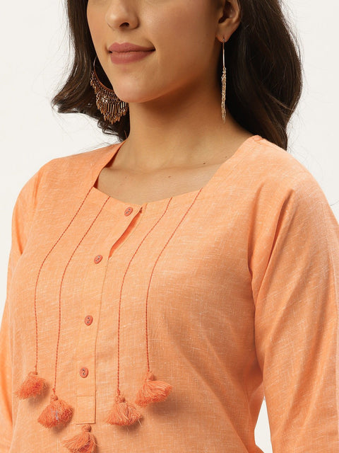 Women Orange Calf Length Three-Quarter Sleeves Straight Solid Cotton Kurta