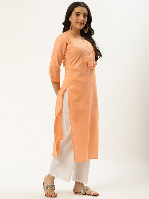 Women Orange Calf Length Three-Quarter Sleeves Straight Solid Cotton Kurta