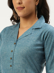 Women Teal Blue Calf Length Three-Quarter Sleeves Straight Lapel neck Solid Cotton Kurta