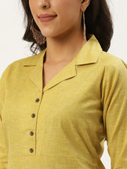 Women Green Calf Length Three-Quarter Sleeves Straight Lapel neck Solid Cotton Kurta