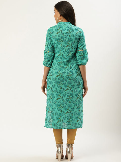 Women Green Calf Length Three-Quarter Sleeves Straight Floral Cotton Kurta