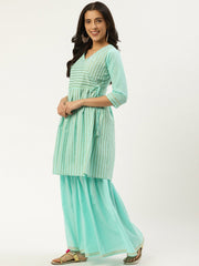Women Pastel Blue Three-Quarter Sleeves Flared Peplum Kurta and Sharara set