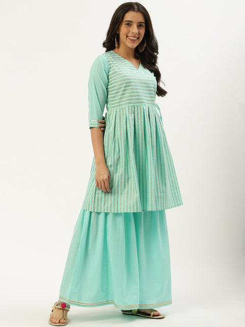 Women Pastel Blue Three-Quarter Sleeves Flared Peplum Kurta and Sharara set