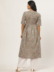 Women Multi Calf Length Three-Quarter Sleeves A-Line Floral Printed Cotton Kurta