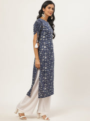 Women Navy Blue Calf Length Three-Quarter Sleeves Straight Floral Printed Cotton Kurta