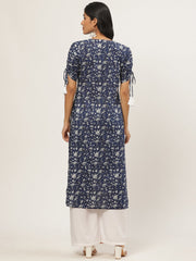 Women Navy Blue Calf Length Three-Quarter Sleeves Straight Floral Printed Cotton Kurta
