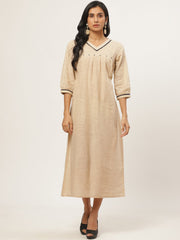 Women Beige Solid Solid V-Neck Cotton A-Line Dress