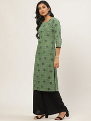 Women Green Calf Length Three-Quarter Sleeves Straight Ethnic Motifs Yoke Design Cotton Kurta