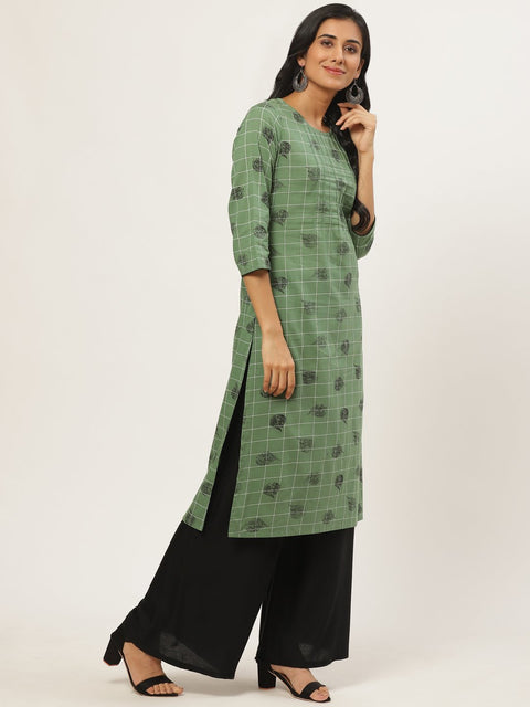 Women Green Calf Length Three-Quarter Sleeves Straight Ethnic Motifs Yoke Design Cotton Kurta