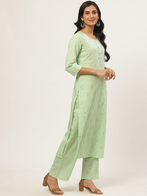 Women Green Three-Quarter Sleeves Straight Kurta with Palazzo