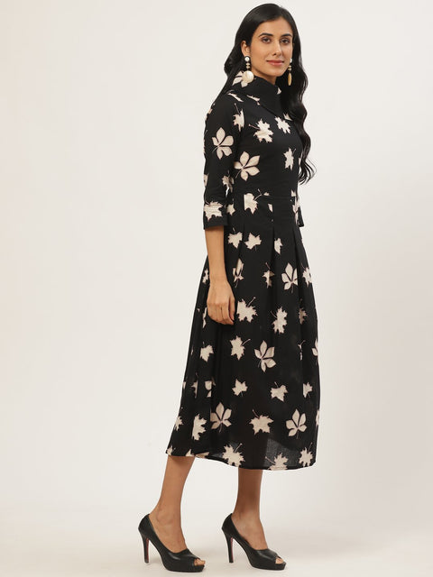 Women Black Floral Printed Shirt Collar Cotton Fit and Flare Dress