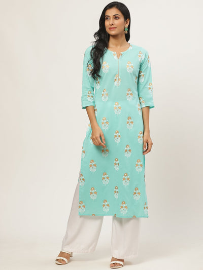 Women Skyblue Calf Length Three-Quarter Sleeves Straight Floral Printed Cotton Kurta