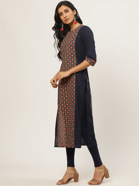 Women Navy Blue Calf Length Three-Quarter Sleeves Straight Floral Printed Cotton Kurta