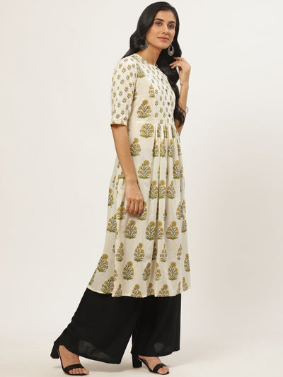 Women Off white Calf Length Three-Quarter Sleeves A-Line Floral Yoke Design Cotton Kurta