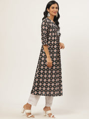 Women Black Three-Quarter Sleeves Flared Kurta with Trouser