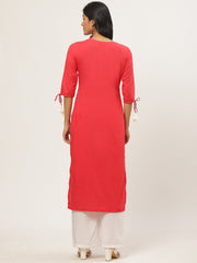 Women Red Calf Length Three-Quarter Sleeves A-Line Solid Yoke Design Cotton Kurta