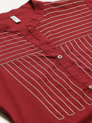 Women Maroon Calf Length Three-Quarter Sleeves Straight Solid Solid Cotton Kurta