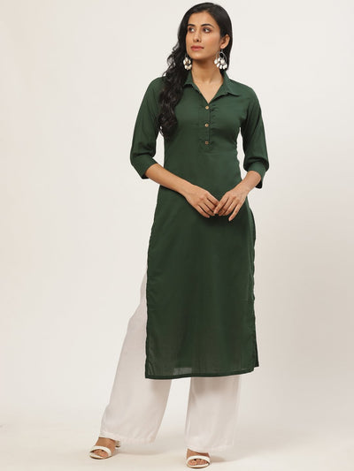Women Dark Green Calf Length Three-Quarter Sleeves Straight Solid Solid Cotton Kurta