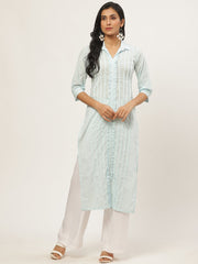 Women Blue Calf Length Three-Quarter Sleeves Straight Solid Solid Cotton Kurta