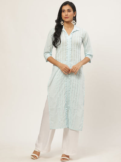 Women Blue Calf Length Three-Quarter Sleeves Straight Solid Solid Cotton Kurta