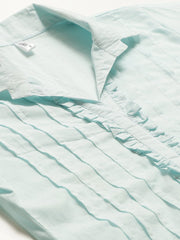 Women Blue Calf Length Three-Quarter Sleeves Straight Solid Solid Cotton Kurta