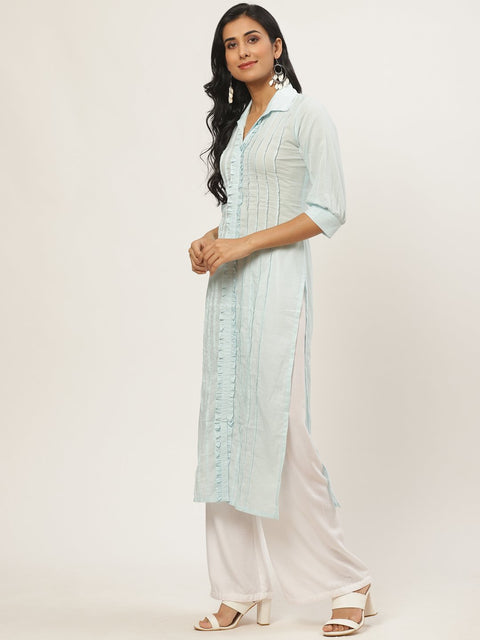 Women Blue Calf Length Three-Quarter Sleeves Straight Solid Solid Cotton Kurta