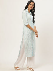 Women Blue Calf Length Three-Quarter Sleeves Straight Solid Solid Cotton Kurta