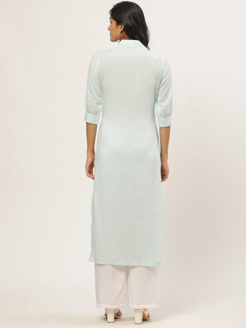Women Blue Calf Length Three-Quarter Sleeves Straight Solid Solid Cotton Kurta