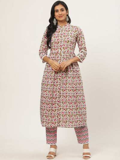 Women White Three-Quarter Sleeves Flared Kurta with Palazzo
