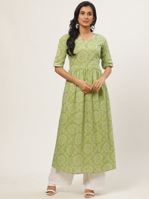 Women Green Calf Length Short Sleeves A-Line Bandhani Printed Cotton Kurta