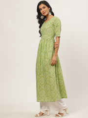 Women Green Calf Length Short Sleeves A-Line Bandhani Printed Cotton Kurta