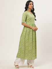 Women Green Calf Length Short Sleeves A-Line Bandhani Printed Cotton Kurta