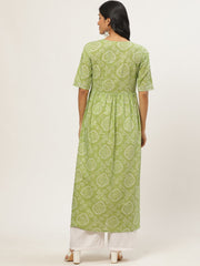 Women Green Calf Length Short Sleeves A-Line Bandhani Printed Cotton Kurta