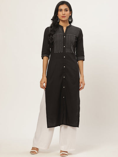 Women Black Calf Length Three-Quarter Sleeves Straight Solid Yoke Design Cotton Kurta