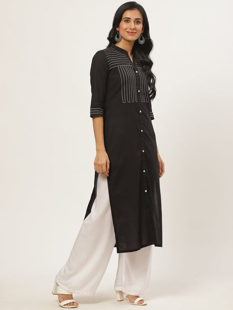 Women Black Calf Length Three-Quarter Sleeves Straight Solid Yoke Design Cotton Kurta