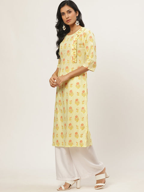 Women Yellow Calf Length Three-Quarter Sleeves Straight Floral Yoke Design Cotton Kurta