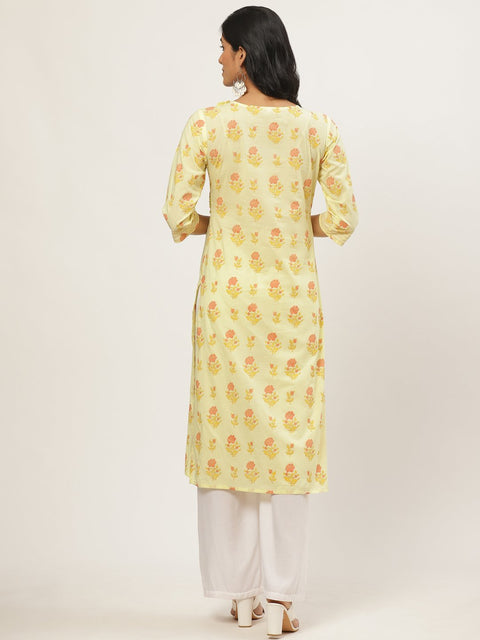 Women Yellow Calf Length Three-Quarter Sleeves Straight Floral Yoke Design Cotton Kurta