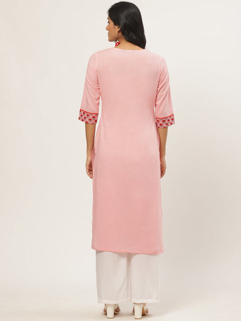 Women Pink Calf Length Three-Quarter Sleeves Straight Solid Yoke Design Cotton Kurta