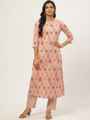 Women Beige Three-Quarter Sleeves Straight Kurta with Trouser