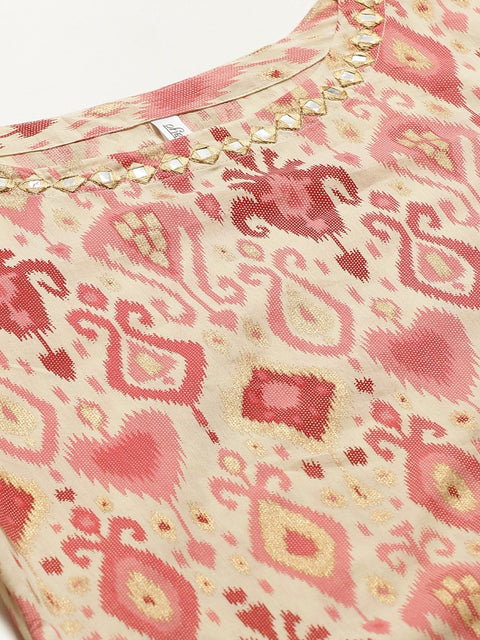 Women Beige Three-Quarter Sleeves Straight Kurta with Trouser