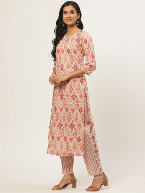 Women Beige Three-Quarter Sleeves Straight Kurta with Trouser