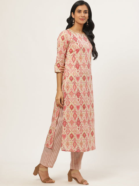 Women Beige Three-Quarter Sleeves Straight Kurta with Trouser