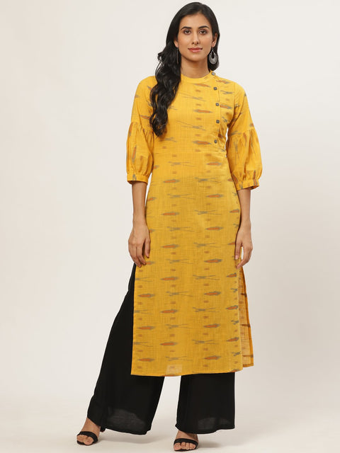 Women Mustard Calf Length Three-Quarter Sleeves Straight Abstract Yoke Design Cotton Kurta