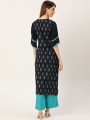 Women Navy Blue Calf Length Three-Quarter Sleeves Straight Ethnic Motifs Printed Cotton Kurta