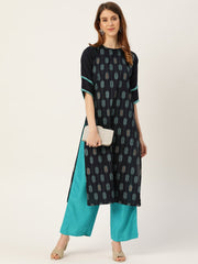 Women Navy Blue Calf Length Three-Quarter Sleeves Straight Ethnic Motifs Printed Cotton Kurta