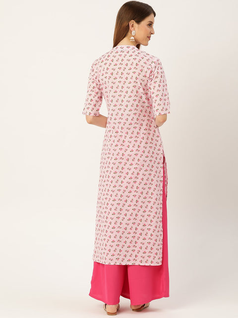 Women Pink Calf Length Three-Quarter Sleeves Straight Floral Printed Cotton Kurta