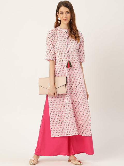 Women Pink Calf Length Three-Quarter Sleeves Straight Floral Printed Cotton Kurta